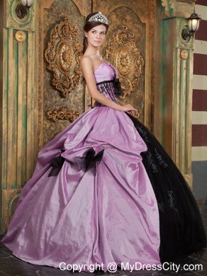 Lavender and Black Strapless Quinceanera Dress with Bow