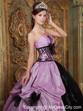 Lavender and Black Strapless Quinceanera Dress with Bow