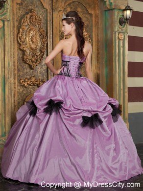 Lavender and Black Strapless Quinceanera Dress with Bow