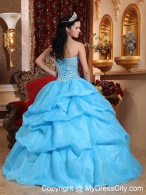 Aqua Blue Sweetheart Organza Beaded Dress for Sweet 15