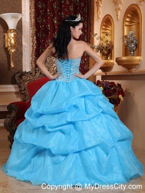 Aqua Blue Sweetheart Organza Beaded Dress for Sweet 15