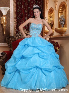 Aqua Blue Sweetheart Organza Beaded Dress for Sweet 15