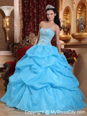 Aqua Blue Sweetheart Organza Beaded Dress for Sweet 15