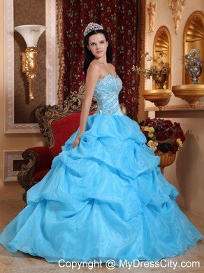 Aqua Blue Sweetheart Organza Beaded Dress for Sweet 15