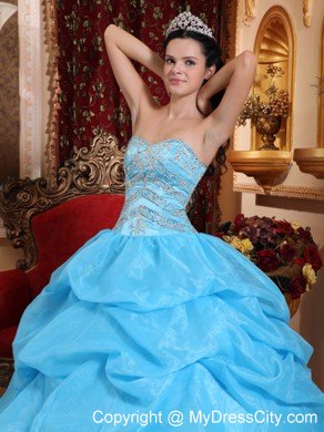 Aqua Blue Sweetheart Organza Beaded Dress for Sweet 15