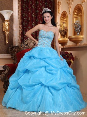 Aqua Blue Sweetheart Organza Beaded Dress for Sweet 15