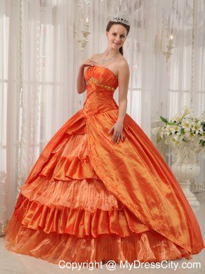 Orange Strapless Taffeta Ruffled Puffy Quinceanera Dress