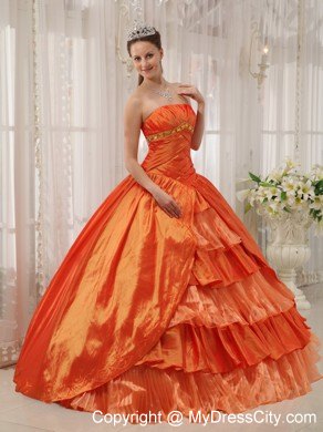 Orange Strapless Taffeta Ruffled Puffy Quinceanera Dress