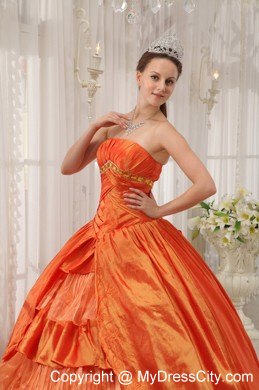 Orange Strapless Taffeta Ruffled Puffy Quinceanera Dress