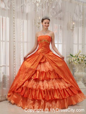 Orange Strapless Taffeta Ruffled Puffy Quinceanera Dress