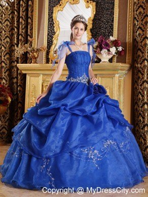 Blue Spaghetti Straps Organza Appliques Sweet 15 Dresses