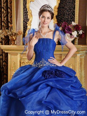 Blue Spaghetti Straps Organza Appliques Sweet 15 Dresses