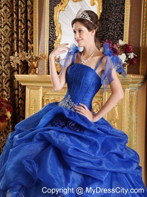 Blue Spaghetti Straps Organza Appliques Sweet 15 Dresses