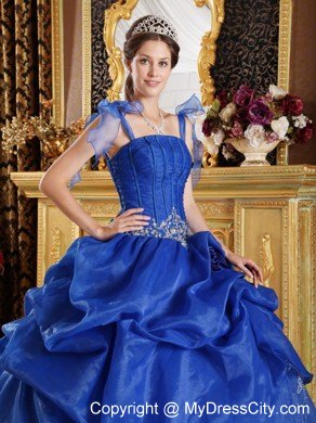 Blue Spaghetti Straps Organza Appliques Sweet 15 Dresses