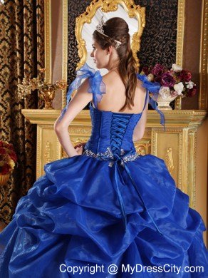 Blue Spaghetti Straps Organza Appliques Sweet 15 Dresses