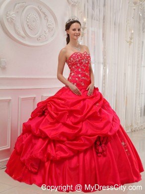 Red Sweetheart Taffeta Quinceanera Dress with Flowers