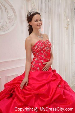 Red Sweetheart Taffeta Quinceanera Dress with Flowers