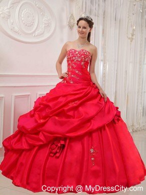 Red Sweetheart Taffeta Quinceanera Dress with Flowers