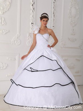 One Shoulder Flower Beading Quinceanera Dress in White