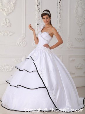 One Shoulder Flower Beading Quinceanera Dress in White