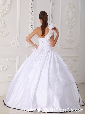 One Shoulder Flower Beading Quinceanera Dress in White