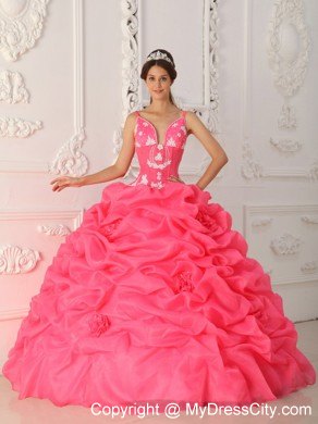 Watermelon Straps Satin and Organza Flowers Quinceanera Dress