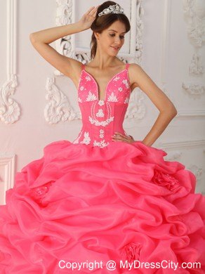 Watermelon Straps Satin and Organza Flowers Quinceanera Dress