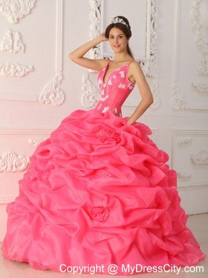 Watermelon Straps Satin and Organza Flowers Quinceanera Dress