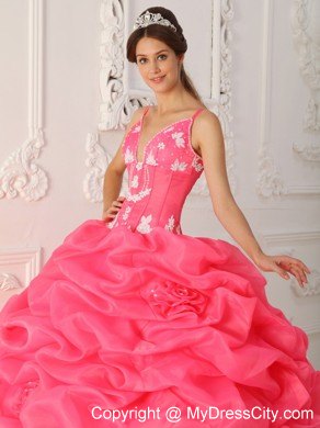 Watermelon Straps Satin and Organza Flowers Quinceanera Dress