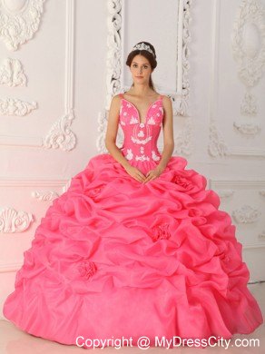 Watermelon Straps Satin and Organza Flowers Quinceanera Dress