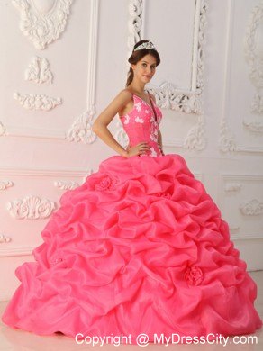 Watermelon Straps Satin and Organza Flowers Quinceanera Dress