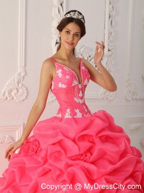 Watermelon Straps Satin and Organza Flowers Quinceanera Dress