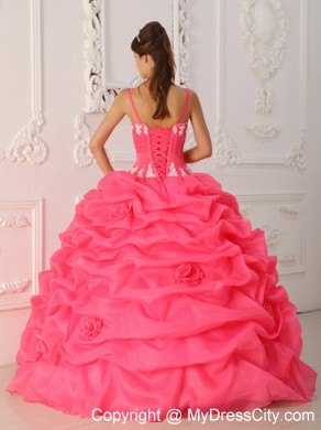 Watermelon Straps Satin and Organza Flowers Quinceanera Dress