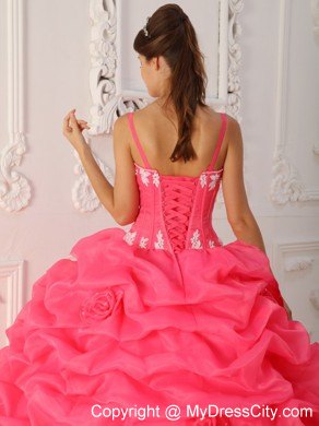 Watermelon Straps Satin and Organza Flowers Quinceanera Dress