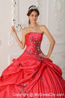 Red Strapless Taffeta Appliques Dress for Sweet 16