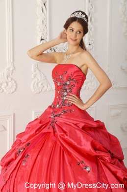 Red Strapless Taffeta Appliques Dress for Sweet 16