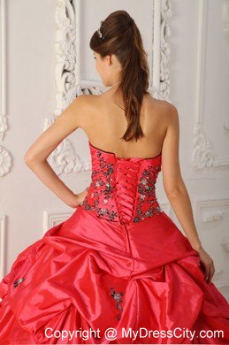 Red Strapless Taffeta Appliques Dress for Sweet 16