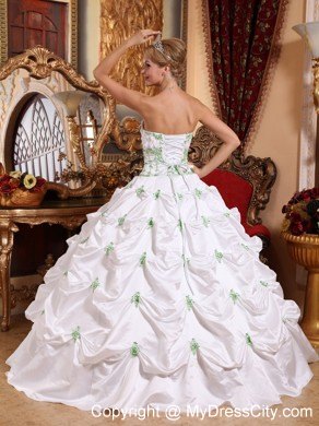 White Taffeta Quinceanera Dress with Green Appliques