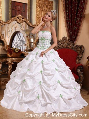 White Taffeta Quinceanera Dress with Green Appliques