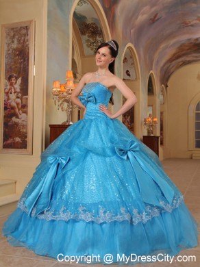 Sequins and Organza Teal Quinceanera Gowns with Bows