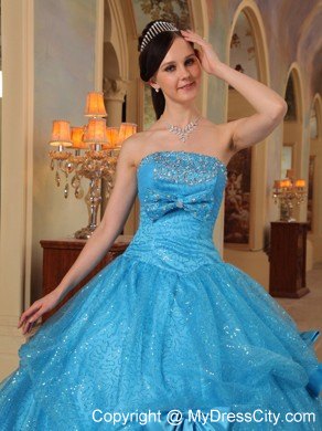 Sequins and Organza Teal Quinceanera Gowns with Bows