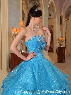 Sequins and Organza Teal Quinceanera Gowns with Bows