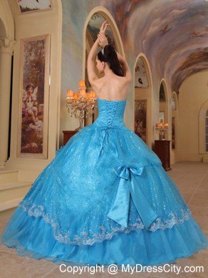 Sequins and Organza Teal Quinceanera Gowns with Bows