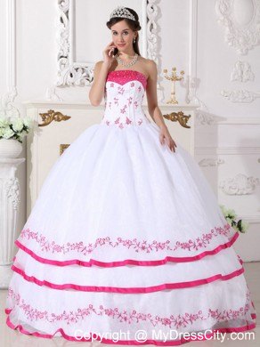 White and Hot Pink Strapless Appliques Sweet 15 Dresses