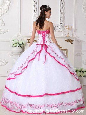 White and Hot Pink Strapless Appliques Sweet 15 Dresses