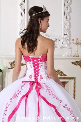 White and Hot Pink Strapless Appliques Sweet 15 Dresses