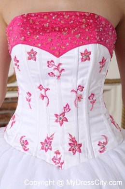 White and Hot Pink Strapless Appliques Sweet 15 Dresses