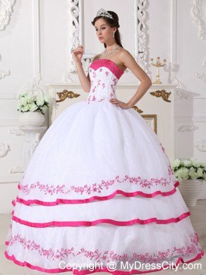 White and Hot Pink Strapless Appliques Sweet 15 Dresses