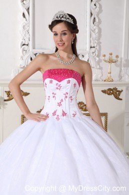 White and Hot Pink Strapless Appliques Sweet 15 Dresses