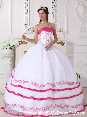 White and Hot Pink Strapless Appliques Sweet 15 Dresses